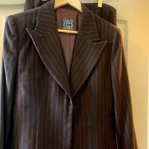 Cynthia Rowley Brown Pinstripe Wool Pantsuit Sz 10